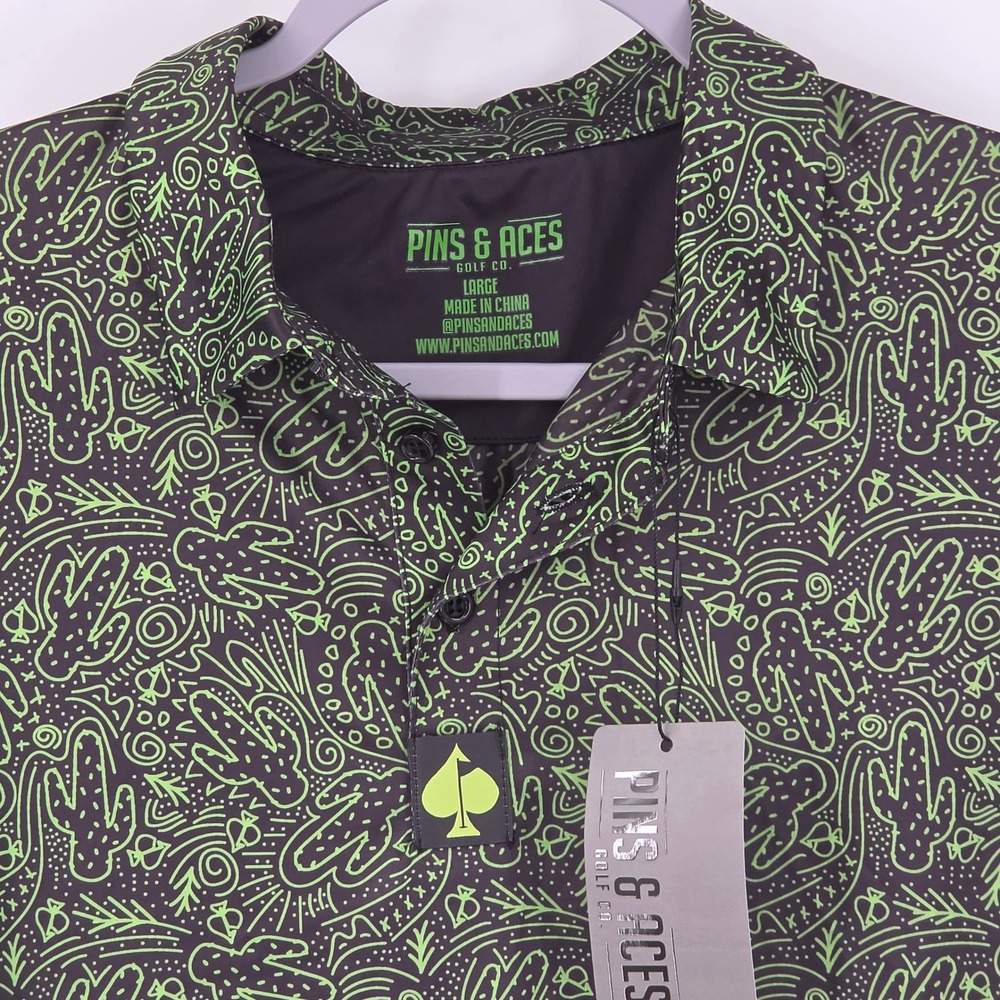 Pins‎ & Aces Mens Cactus Doodle Golf Polo Shirt Black Neon Green Large NWT